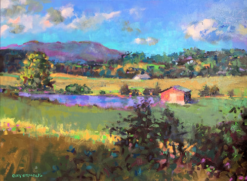 "Red Barn at Pond" 30x40